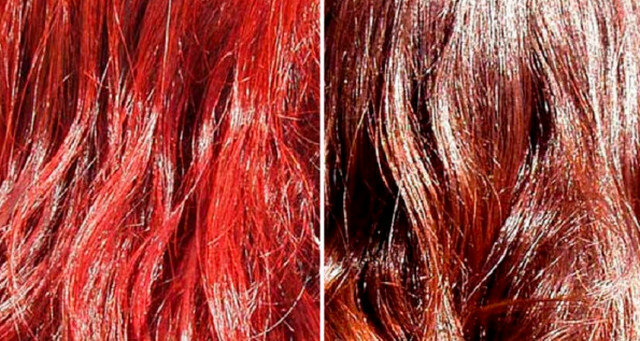 Волосся було пофарбоване з одне і тієї ж хною, але на волоссі різного кольору (русяве і каштанове волосся)