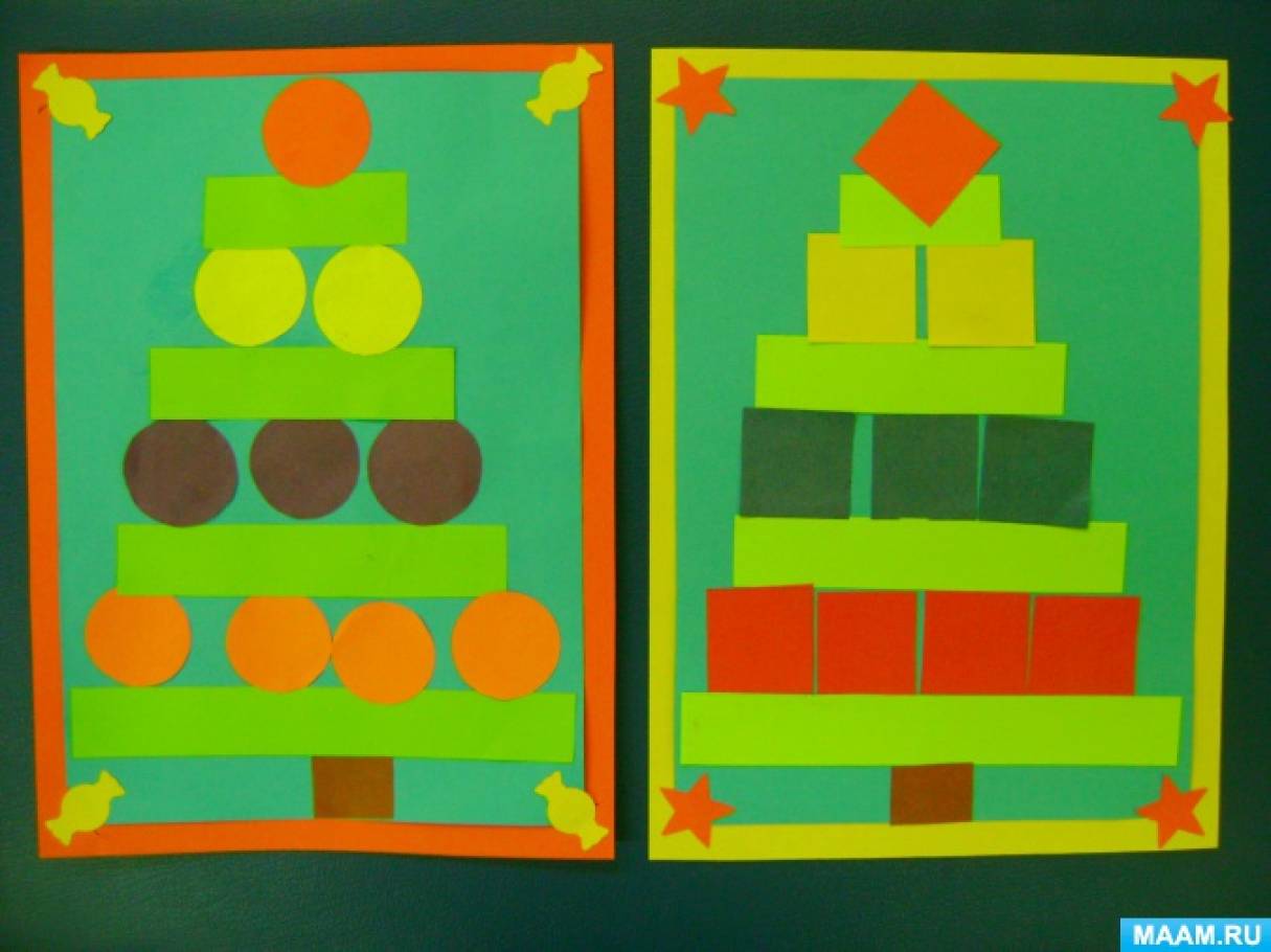 Завдання дітей-викласти зі смужок паперу зеленого кольору різної довжини ялинку у вигляді піраміди, від більшого до меншого, між смужками викласти кола, квадрати, використовуючи їх в якості ялинкових іграшок, і наклеїти послідовно всі деталі